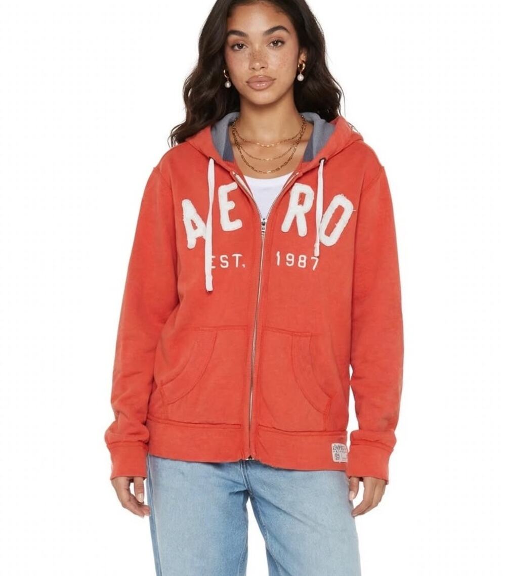 Aeropostale AERO Y2K Zip Hoodie Large L Coral Faded Vintage EST 1987 Logo Grunge